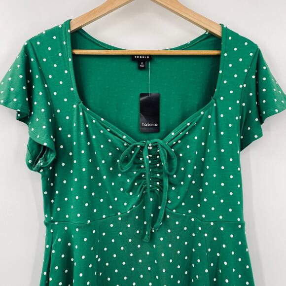 Torrid Polka Dot Mini Dress Bow Front Fit & Flare Jersey Knit Green White NEW 12 - Picture 3 of 10
